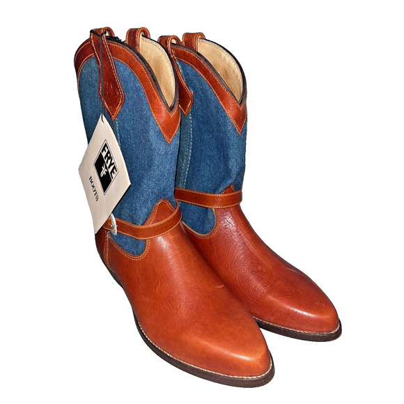 Frye Cowboy Boots Denim Brown Leather Silver Buckles Vintage Sz 8 RARE Deadstock - Picture 5 of 13
